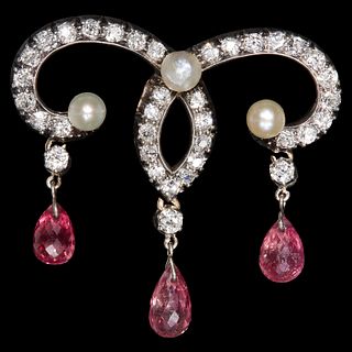 VICTORIAN PEARL DIAMOND AND RUBY DROP BROOCH