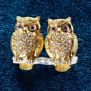DIAMOND AND RUBY BROOCH, DEPICTING A PAIR OF OWLS,MADE BY WOLF & CO.