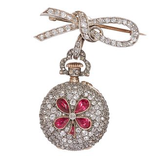 RARE ANTIQUE RUBY AND DIAMOND POCKET WATCH WITH BROOCH