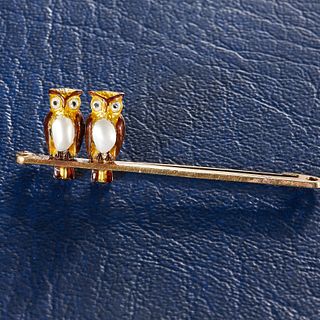 PEARL AND ENAMEL DOUBLE OWL BAR BROOCH