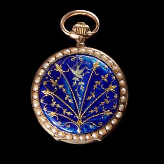 FULL HUNTER ANTIQUE PEARL AND ENAMEL POCKET WATCH