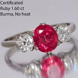 CERTIFICATED BURMA RUBY AND DIAMOND 3-STONE RING