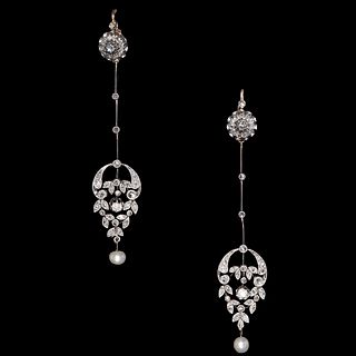 PAIR OF LONG ANTIQUE DIAMOND AND PEARL DROP EARRINGS