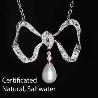 EDWARDIAN CERTIFICATED NATURAL SALTWATER PEARL AND DIAMOND BOW PENDANT NECKLACE