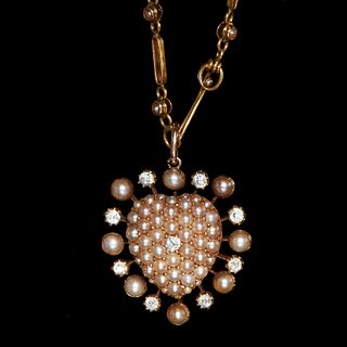 VICTORIAN HEART SHAPE DIAMOND AND PEARL PENDENT