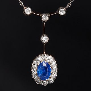 EDWARDIAN SAPPHIRE AND DIAMOND CLUSTER PENDENT NECKLACE