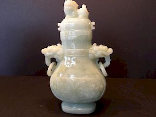 A Fine Chinese White Jade Vase with Foo Lion lid, 8 1/2" H x 5" wide. Large and heavy.