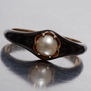 VICTORIAN 18 CT GOLD , PEARL AND ENAMEL RING