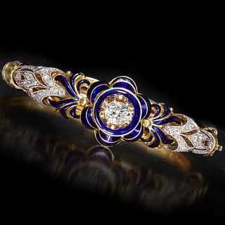 MAGNIFICENT ANTIQUE GOLD , DIAMOND AND ENAMEL HINGED BANGLE
