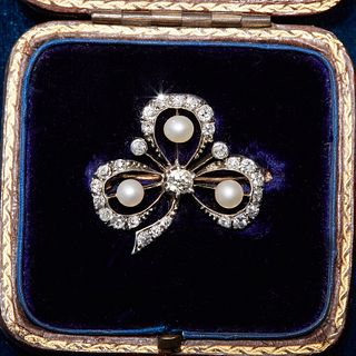 ANTIQUE VICTORIAN PEARL AND DIAMOND 3-CLOVER BROOCH
