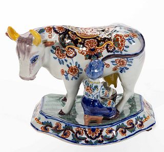 DUTCH DELFT TIN-GLAZED HAND-PAINTED EARTHENWARE MILKMAID FIGURAL GROUP