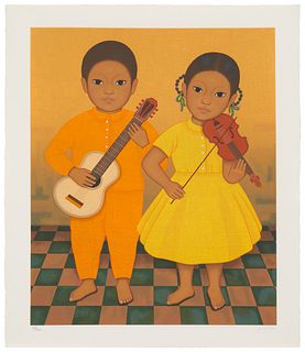 Gustavo Montoya (1905-2003), Boy with guitar and girl with violin, Screenprint in colors on wove paper, Image: 23.625" H x 17.75" W; Sheet: 27.25" H x