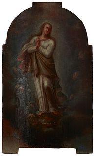 19th Century Mexican School, Virgen de la Purisima Inmaculada, Oil on canvas laid to panel, 23" H x 14.25" W x 1.5" D