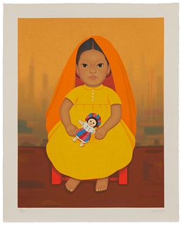 Gustavo Montoya (1905-2003), Girl in orange with a doll, Screenprint in colors on wove paper, Image: 23.625" H x 17.75" W; Sheet: 27.25" H x 21.25" W