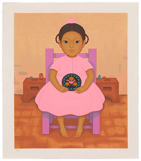 Gustavo Montoya (1905-2003), Girl in pink with a plate, Screenprint in colors on wove paper, Image: 23.75" H x 17.75" W; Sheet: 27.25" H x 21.25" W
