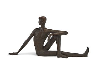 Victor Salmones (1937-1989), Seated figure with turned head, Patinated bronze, 32.5" H x 67" W x 8" D