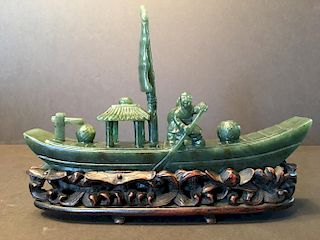 ANTIQUE Chinese Old Green jade (Bi Yu) Boat, 18th-19th Century. 7 1/2" x 5 1/2" x 1 1/2" long