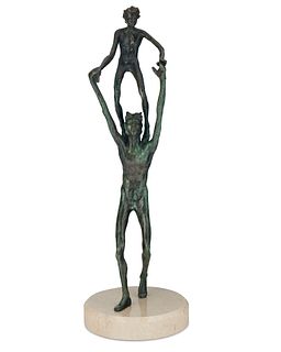 Victor Salmones (1937-1989), "Head Start," Patinated bronze on stone base, 27" H x 6.5" W x 6" D