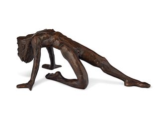 Victor Salmones (1937-1989), Figure stretching, Patinated bronze, 7.5" H x 10.75" W x 20" D