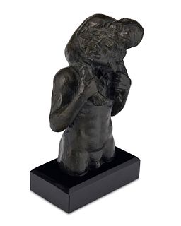 Victor Salmones (1937-1989), Man with child; Patinated bronze on stone base, 9.5" H x 5.5" W x 3.25" D