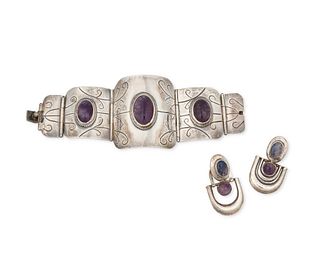 A group of Mexican silver and amethyst jewelry