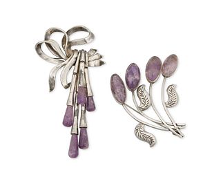 Two Antonio Pineda silver and amethyst brooches