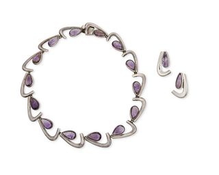 A set of Antonio Pineda and Fortino Mota silver and amethyst jewelry
