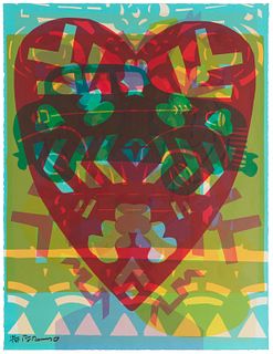 Frank Romero, (b. 1941), "Corazon de Aztlan," 2004, Screenprint in colors on paper, Image/Sheet 30" H x 23" W