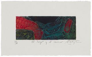 Angel "Andy" Eusebio Rivero Sierra, (b. 1965), "El Iago y el camino," 2002, Collagraph in colors on paper, Plate: 3" H x 7.75" W; Sheet: 7" H x 11.5" 