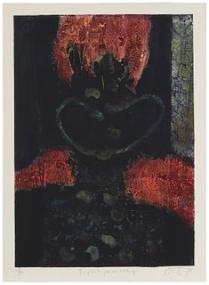 Angel "Andy" Eusebio Rivero Sierra, (b. 1965), "Frijoles negros con ketchup," 2003, Collagraph in colors on Arches paper, Plate: 27" H x 19" W; Sheet: