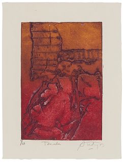 Angel "Andy" Eusebio Rivero Sierra, (b. 1965), "Tonada, " 2003, Collagraph in colors on paper, Plate: 10" H x 6.75" W; Sheet: 13.25" H x 10" W