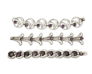 A group of Fred Davis silver and amethyst bracelets