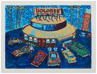 Frank Romero, (b. 1941), "Dolores Drive-In" 1993, Screenprint in colors on paper, Image/Sheet: 30" H x 40" W