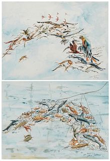 Kadir Lopez Nieves (b. 1972), "Libre Albedrio I," 2004, and "Libre Albedrio II," 2004, Watercolor on paper, Sight: 21.5" H x 29.5" W, 2 pieces