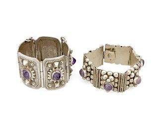 Two Mexican silver and amethyst bracelets