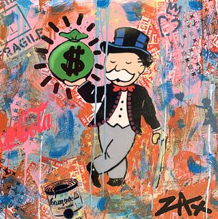 E.M. Zax Mixed media collage and acrylic paints on canvas "Mr. Money"