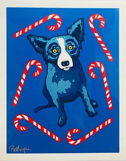 George Rodrigue Screenprint "Blue Dog with Candy Canes"