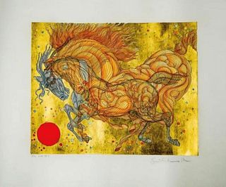 Guillaume Azoulay  Hand coloered etching with gold leaf  "Dual"