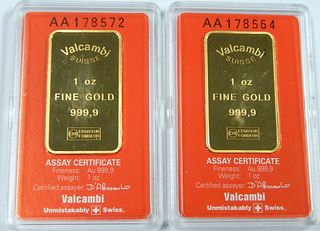 (2) Scotiabank Valcambi Fine Gold 1 Troy Oz. Bars.