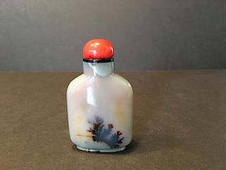 ANTIQUE Chinese Agate Snuff Bottle with red coral lid, 19th Century. 2 1/2" high