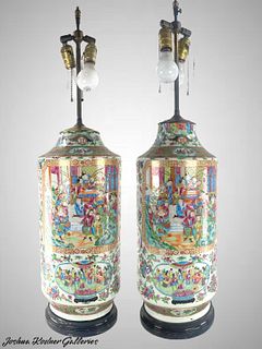 INCREDIBLE PAIR OF CHINESE FAMILLE ROSE LAMPS 35"H