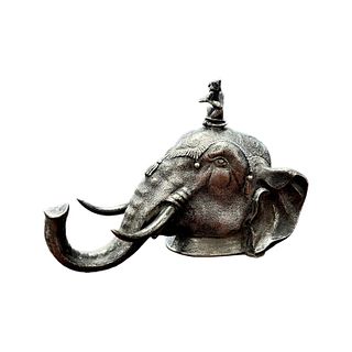 Antique Silver Elephant Head With Flute Monkey.