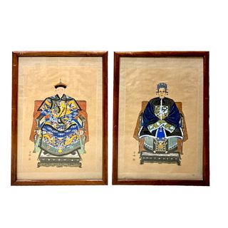 Pair of Chinese Patriarch Matriarch Silk Ancestral