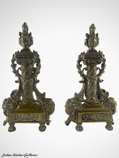 INCREDIBLE PAIR OF 19TH C. GILT FIREPLACE ANDIRONS