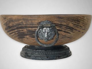 Antique Wooden and Silver Plated Lion Motif Bowl