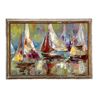 Colorful Sea Boats Oil On Canvas Painting