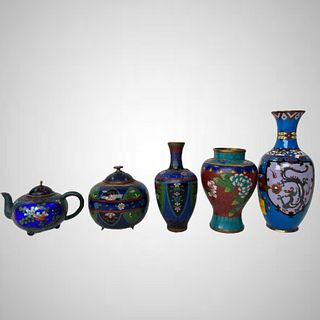 Collection of 5 Japanese Cloisonne Vases & Jars