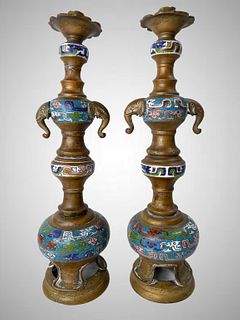 Pair of Antique Japanese Cloisenne Candle Sticks