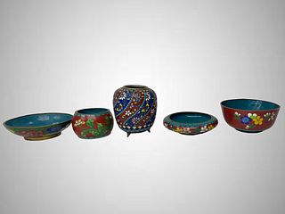 Group of 5 Japanese Cloisenne Bowls + Vases