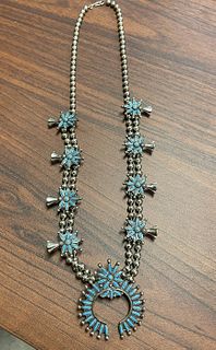 Sterling Navaho Turquoise Squash Blossom Necklace